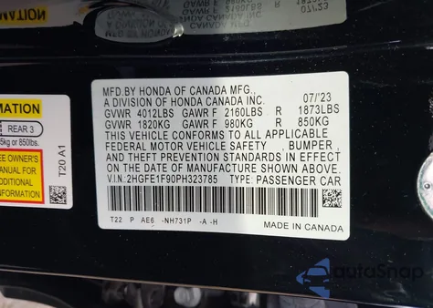 2023 Honda Civic Touring z USA, uszkodzony, nr VIN 2HGFE1F90PH323785